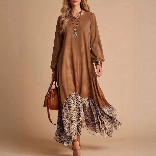 Casual And Comfortable Leopard-print Patchwork Relaxed-fit Three-quarter-sleeve Dress