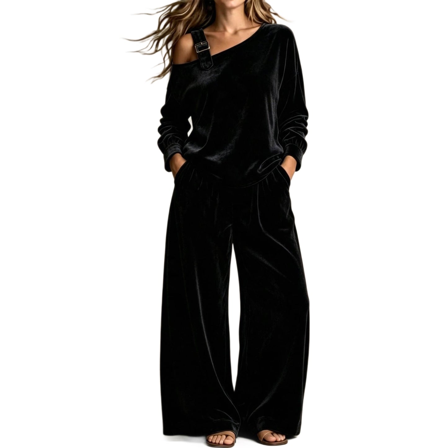 Off-shoulder Suit Women's Velvet Casual Two-Piece Set Soft Comfortable Outfit Daily Clothing