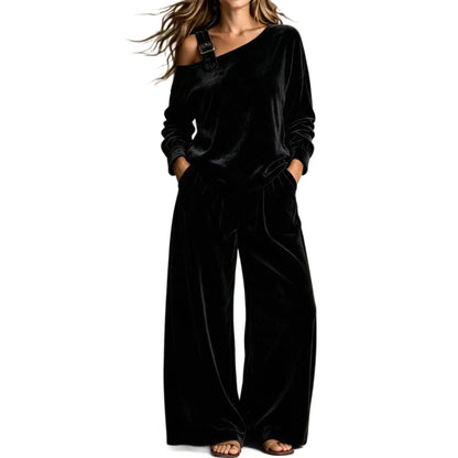 Off-shoulder Suit Women's Velvet Casual Two-Piece Set Soft Comfortable Outfit Daily Clothing