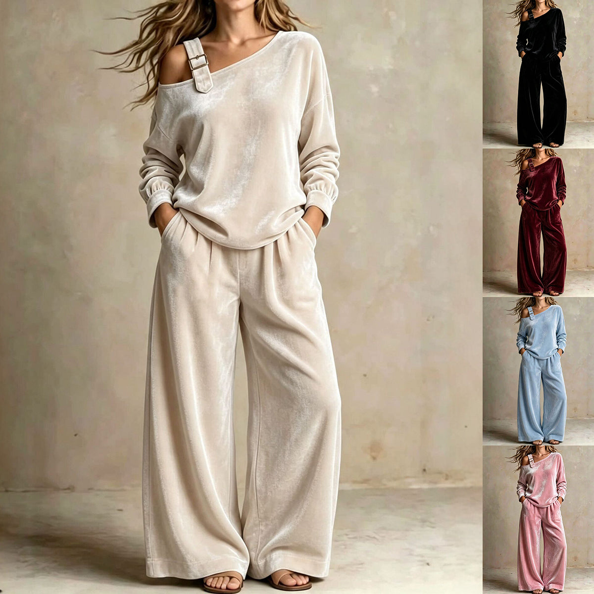 Off-shoulder Suit Women's Velvet Casual Two-Piece Set Soft Comfortable Outfit Daily Clothing