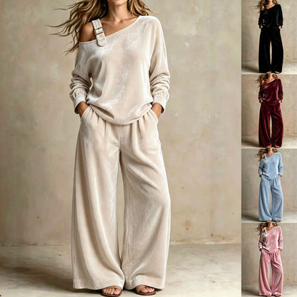 Off-shoulder Suit Women's Velvet Casual Two-Piece Set Soft Comfortable Outfit Daily Clothing