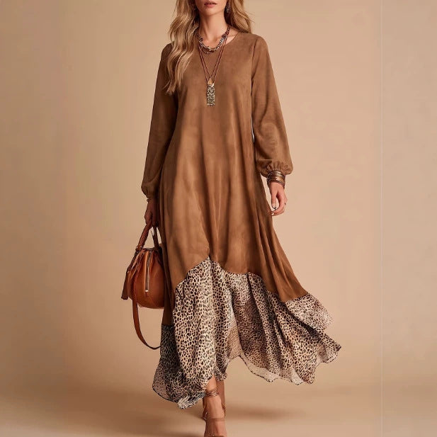 Casual And Comfortable Leopard-print Patchwork Relaxed-fit Three-quarter-sleeve Dress
