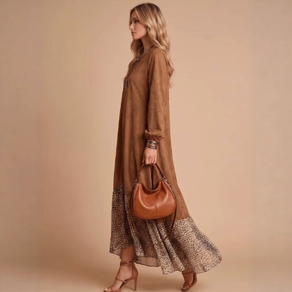 Casual And Comfortable Leopard-print Patchwork Relaxed-fit Three-quarter-sleeve Dress