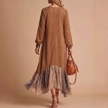 Casual And Comfortable Leopard-print Patchwork Relaxed-fit Three-quarter-sleeve Dress