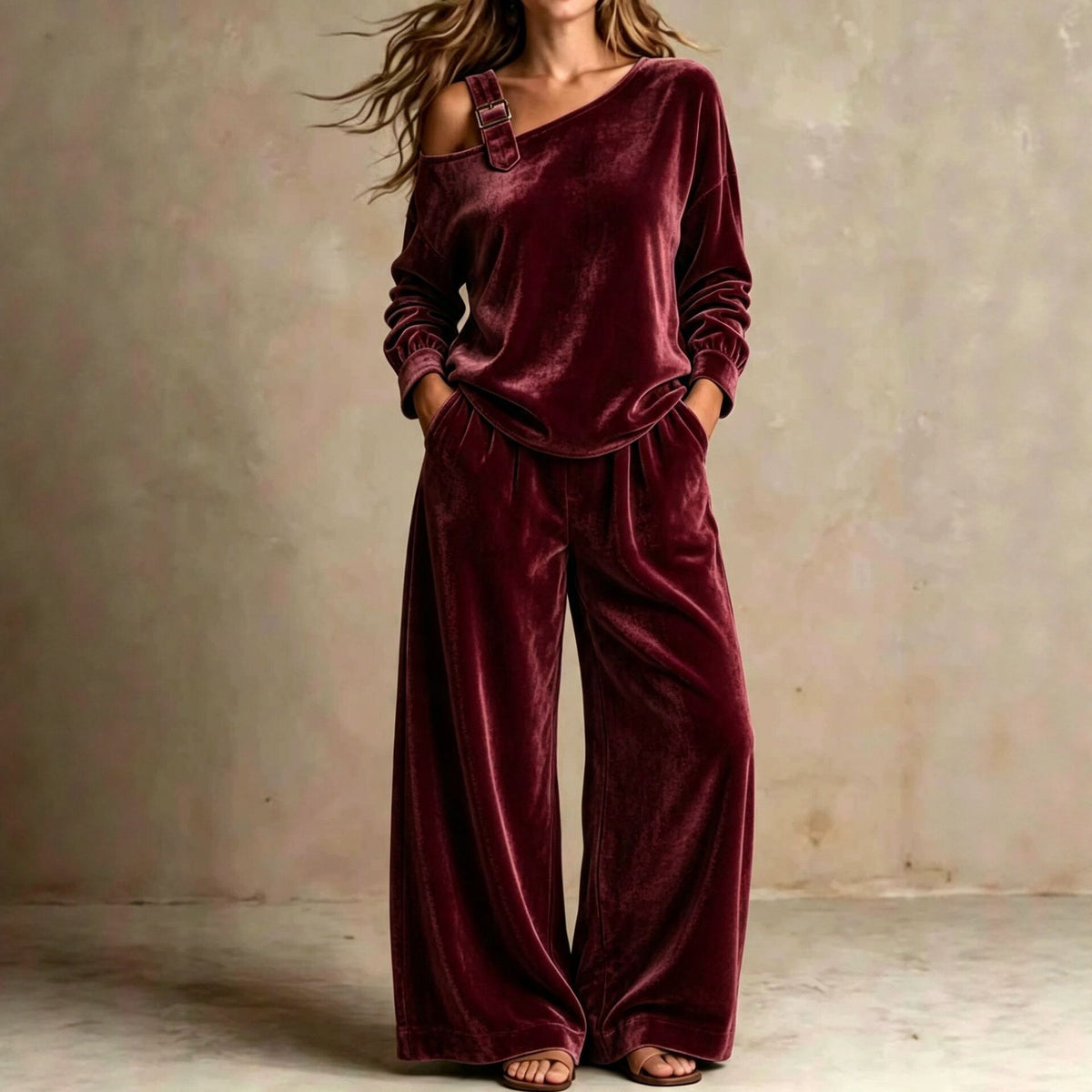 Off-shoulder Suit Women's Velvet Casual Two-Piece Set Soft Comfortable Outfit Daily Clothing