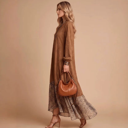Casual And Comfortable Leopard-print Patchwork Relaxed-fit Three-quarter-sleeve Dress