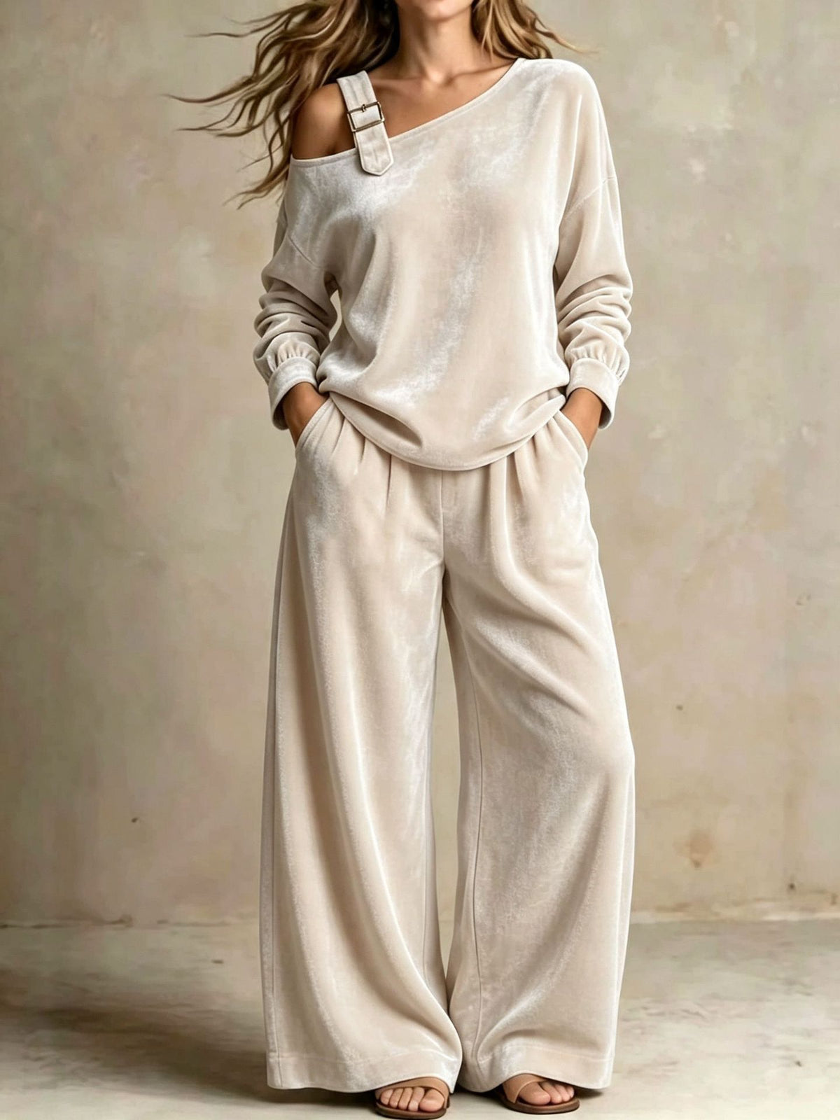 Off-shoulder Suit Women's Velvet Casual Two-Piece Set Soft Comfortable Outfit Daily Clothing
