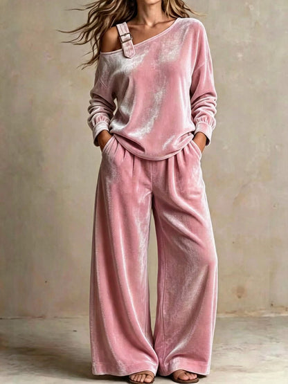 Off-shoulder Suit Women's Velvet Casual Two-Piece Set Soft Comfortable Outfit Daily Clothing