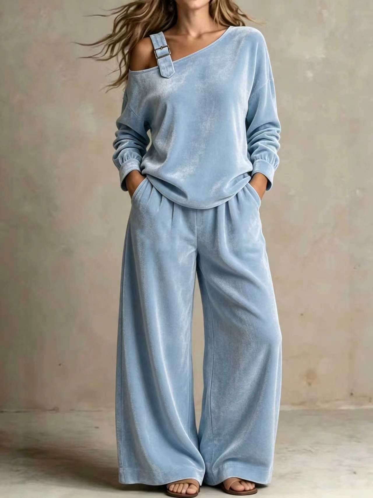 Off-shoulder Suit Women's Velvet Casual Two-Piece Set Soft Comfortable Outfit Daily Clothing