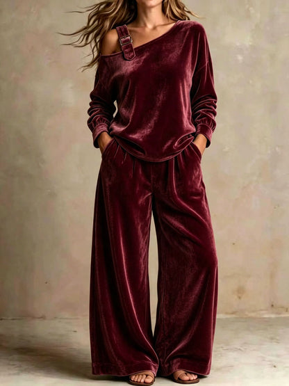 Off-shoulder Suit Women's Velvet Casual Two-Piece Set Soft Comfortable Outfit Daily Clothing
