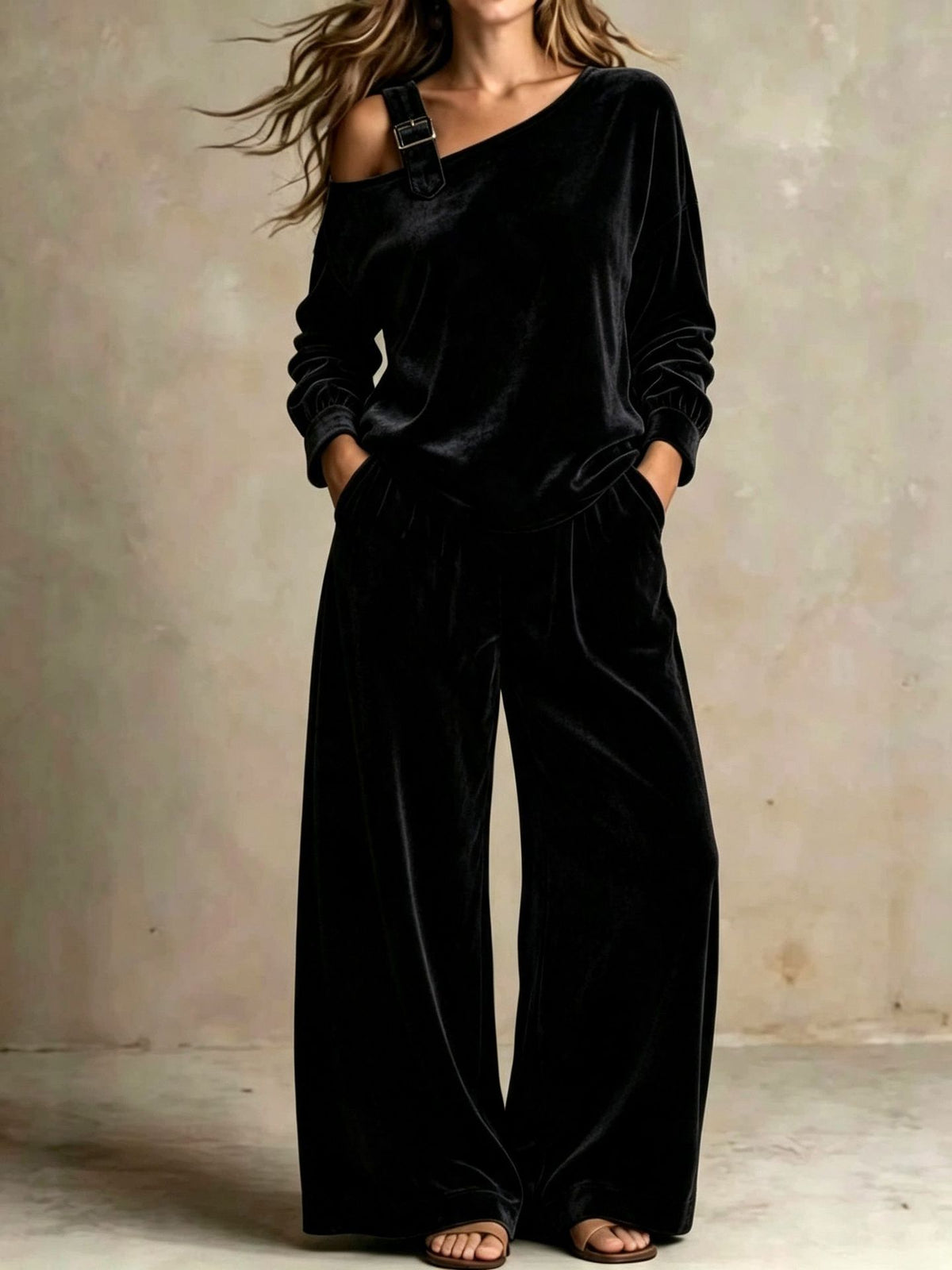 Off-shoulder Suit Women's Velvet Casual Two-Piece Set Soft Comfortable Outfit Daily Clothing